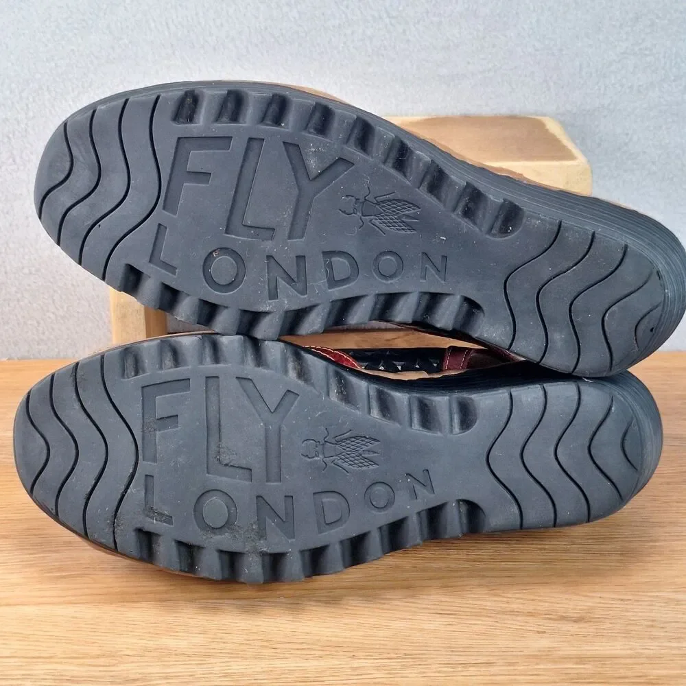 Fly London Ynes Women's 10.5 EU 41 Perforated Leather Wedge Sandals Black Red